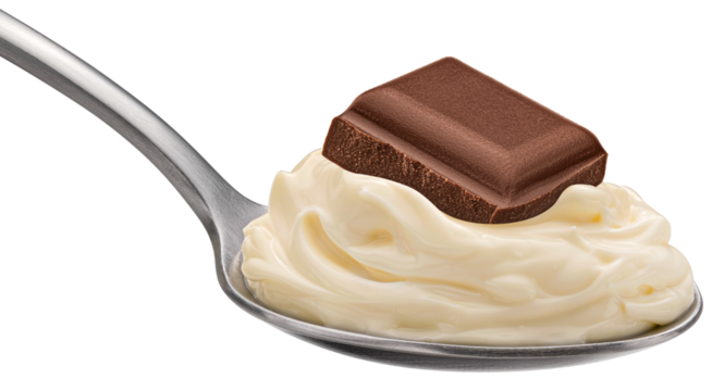 Whipped cream with chocolate piece isolated on white background