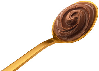 Top view of hazelnut chocolate cream in gold spoon isolated on white background