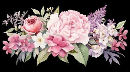 Pink hydrangea rose white peony iris orchid and sage leaves