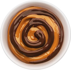 Caramel and chocolate cream swirl isolated on white background, top view