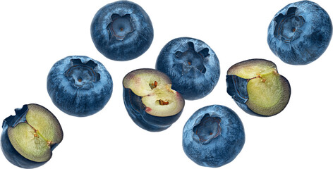 Falling blueberries isolated
