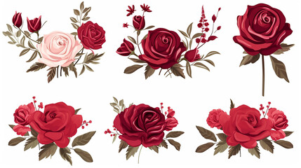 Red floral bouquet. Burgundy rose flower vintage rose floral watercolor