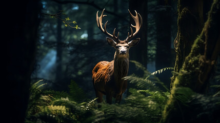 a deer in the forest during the night, cinematic light