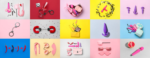 Group of toys from sex shop on color background