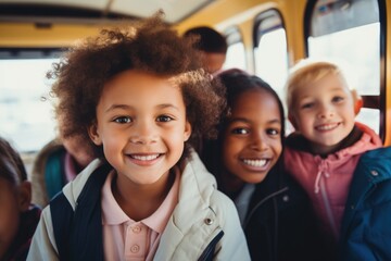 Happy Children posing inside of a school bus