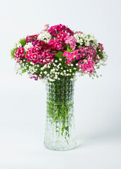 A vertical image of a beautiful pink and white carnations and baby’s breath bouquet in a glass vase with isolated on white background