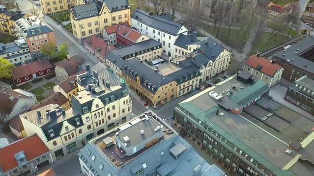Aerial view of old historical Linkoping city in Sweden. European architecture in Scandinavian town