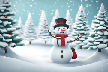 Snowman and Christmas tree on snow ground, Christmas theme elements 3d illustration