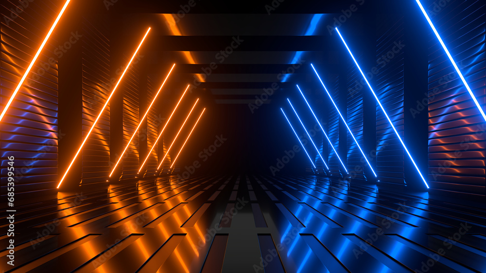 Wall mural Sci Fi neon glowing lines in a dark tunnel. Reflections on the floor and ceiling. 3d rendering image. Abstract glowing lines. Technology futuristic background.