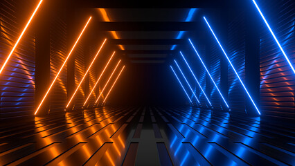 Sci Fi neon glowing lines in a dark tunnel. Reflections on the floor and ceiling. 3d rendering image. Abstract glowing lines. Technology futuristic background.