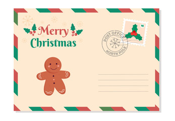Holiday postcard, letter envelope. Christmas card with with text, seal and stamp. Winter holiday greeting card with traditional elements. Vector illustration.