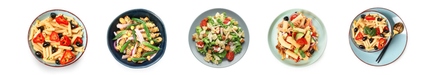Group of tasty pasta salads on white background, top view