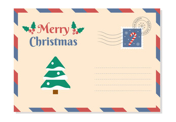 Holiday letter envelope with stamp, seal, pine tree and Marry Christmas text. Holiday postcard. Vector illustration.