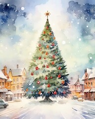 Obraz premium Watercolor Christmas tree placed in the center of lively suburban neighborhood.