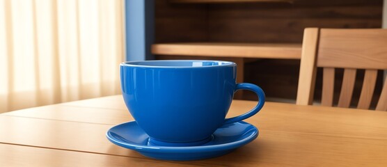Blue mug on a wooden table on a dining room background, wide angle view from Generative AI