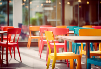 Restaurant dining, furniture, table with colorful chairs and tables various candy colors

