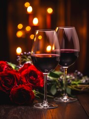 Two glasses of red wine and bouquet of red roses on a wooden table by candlelight.