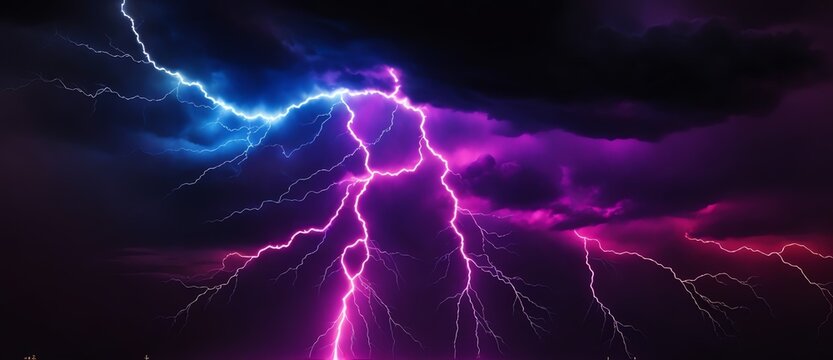 Modern colorful high tech concept lightning strike abstract on plain black dark sky background from Generative AI