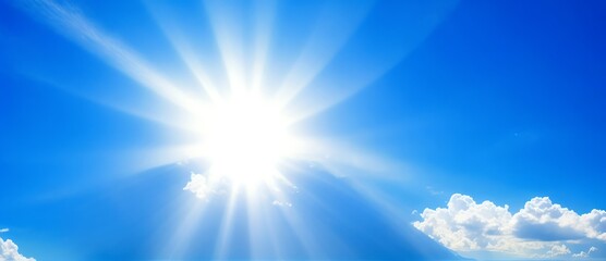 Naklejka na ściany i meble Sun shining brightly with rays of light on blue cloudy sky from Generative AI