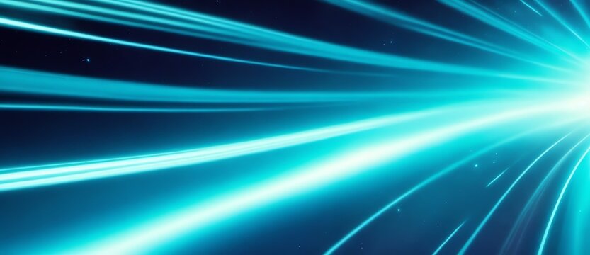 Teal curved neon lights on outer space cosmos background depicting motion and speed of light from Generative AI