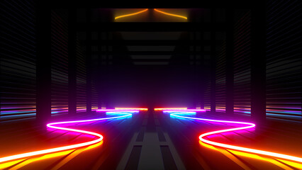 Sci Fi neon glowing lines in a dark tunnel. Reflections on the floor and ceiling. 3d rendering image. Abstract glowing lines. Technology futuristic background.