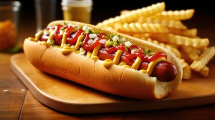 Delicious hotdog, sausage in bread close-up with French fries. Fast food. Menu