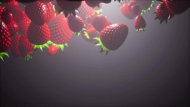 realistic strawberries flying down and changing scale and then disapear. Modern 3d render animation of sweet fruit with fog under white light