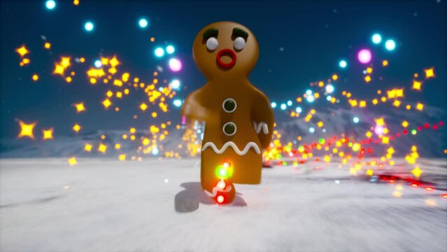 beautiful render 4k animation of runing ginger bread funny character. Sweet cake on adventure in winter christmas background