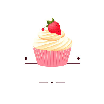 simple vector graphics logo of a cake for any company or a muffin with yellow cream and a cherry on top witch tex space on the white background.generative ai