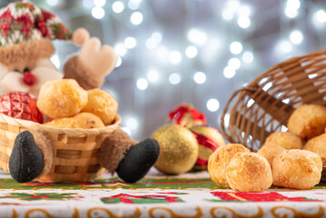 Santa Claus and cheese bread, happy Santa Claus with cheese breads in Brazil and in the background...