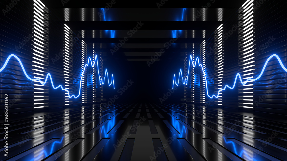 Poster sci fi neon glowing lines in a dark tunnel. reflections on the floor and ceiling. 3d rendering image