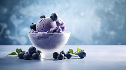 Blueberry ice cream and blueberries in bowl on a marble counter
