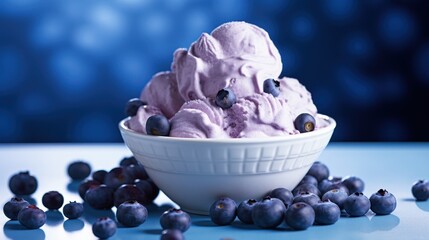 Blueberry ice cream and blueberries in bowl on a marble counter