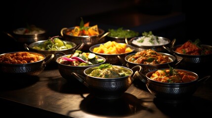 Bowls of indian food on dark table.,