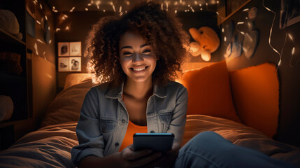 Girl with afro hair in a casual style interacting with her cellphone smartphone in her modern room with quality lighting shopping online on social media