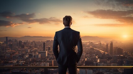 Businessman looking out over city at sunrise t - obrazy, fototapety, plakaty