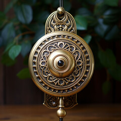 Vintage brass doorbell on a wooden background. Close-up.Home Improvement.AI generated