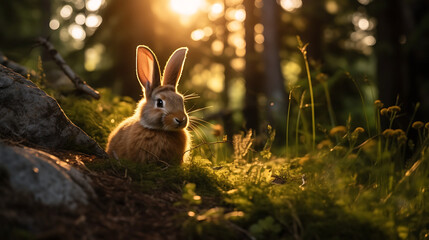 a rabbit in the forest during the sunset