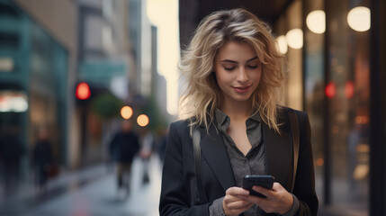 Elegant blonde woman with a smartphone leaving the office heading out on the street