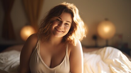 Happy woman. Body positive.Chubby woman, 20 years old, smiling at camera in bedroom, people and lifestyle concept. - obrazy, fototapety, plakaty