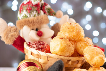 Santa Claus and cheese bread, happy Santa Claus with cheese breads in Brazil and in the background...