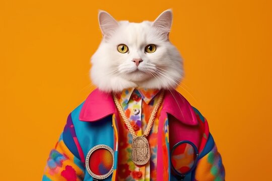 Very rich cute cat in bright clothes smiling proudly, concept of Fashion icon
