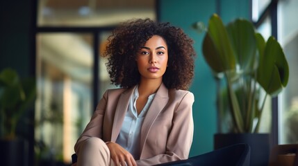 Full Portrait of young businesswoman in blazer sitting in a modern office space 