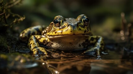 Frog sitting on a rock in a swamp. Close-up. Wilderness Concept. Wildlife Concept.