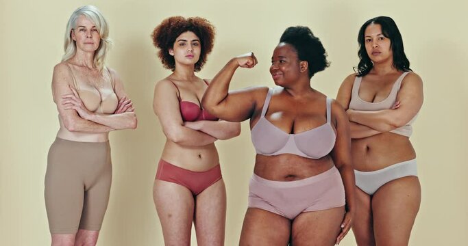 Beauty, diversity and women portrait with arms crossed for pride mindset, strong and studio background. Community, people or self love for confident in lingerie, feminism and body positivity mockup