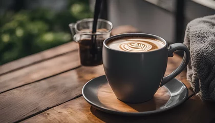 Gordijnen A steaming mug of dark roast coffee sitting on a wood grain table on a patio on an overcast morning. © Wanderson-oliveira
