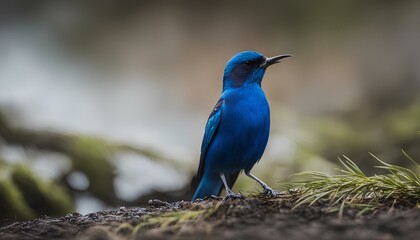 Obraz premium a bird with bright blue plumage perched on a sawn wooden branch