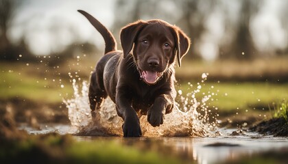 A playful brown Labrador retriever puppy running through a big muddy puddle on a farm on a sunny