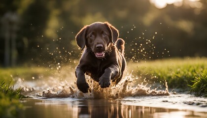A playful brown Labrador retriever puppy running through a big muddy puddle on a farm on a sunny
