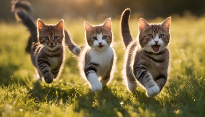 A playful group of cats running across a grassy field on a sunny afternoon
